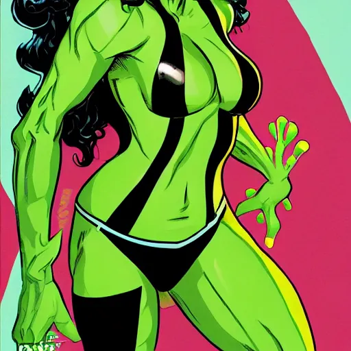 Image similar to Actress Zoe Saldana as She-Hulk, smiling, poster framed, comic pinup style, sports illustrated, detailed legs, artstation, illustration, posterized, Roge Antonio, Jen Bartel