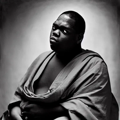 Prompt: detailed photography by Annie Leibovitz of the Notorious BIG, a buddhist monk who turned into the new Dalai Lama