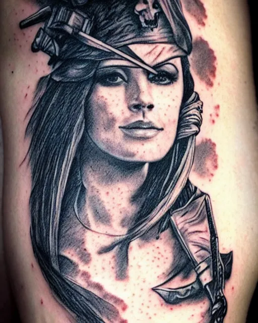 Image similar to A beautiful woman warrior faded on a background of a beautiful pirate ship, realism tattoo drawing, hyper realistic, shaded