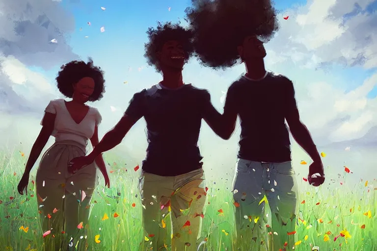 Prompt: happy black couple taking a stroll in lush grass with falling flower petals, digital painting by artgerm and face by wlop