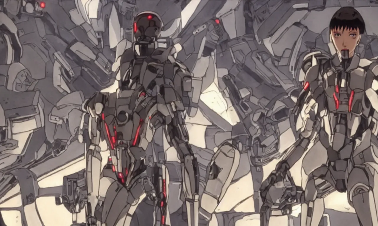 Prompt: a still shot of battle droid from ghost in the shell anime