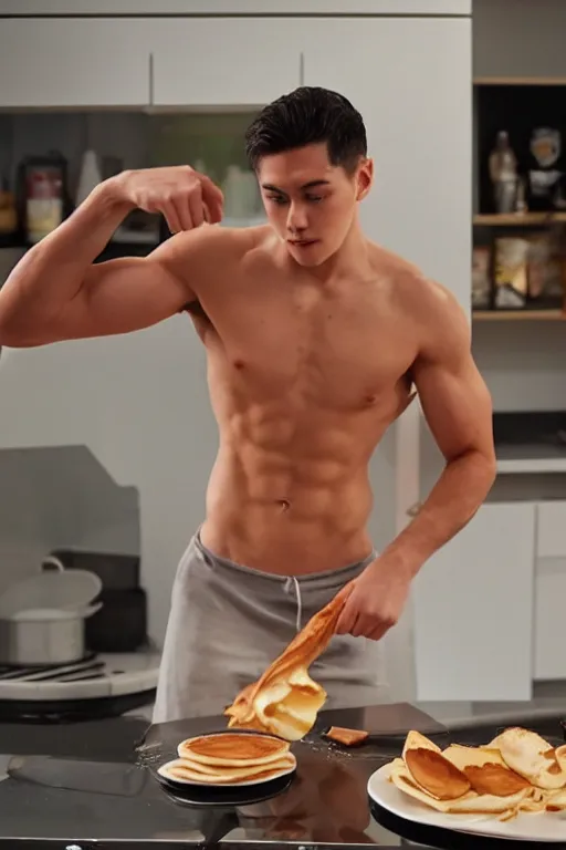 Prompt: a hot shirtless 2 0 years old man with abs and bisceps cooking pancakes