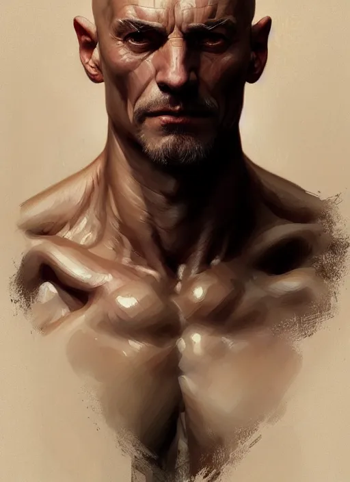 Image similar to Portrait of a man, bald, scarred! D&D, muscular, robes, intricate, elegant, highly detailed, digital painting, artstation, concept art, smooth, sharp focus, illustration, art by artgerm and greg rutkowski and alphonse mucha