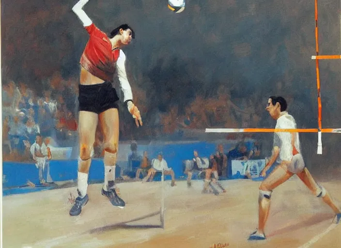 Image similar to a highly detailed beautiful portrait of elvis presley playing voleyball, by gregory manchess, james gurney, james jean