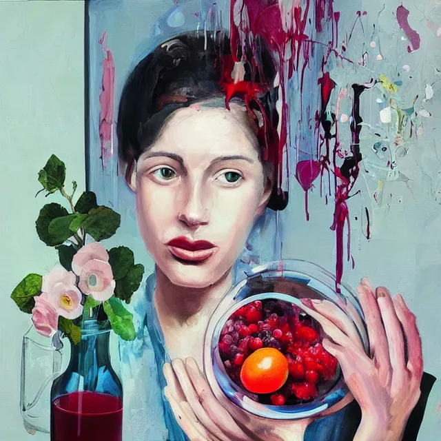 Prompt: “ archibald prize, sensual portrait in a female art student ’ s apartment, fresh fruit, berries, plants in scientific glassware, art materials, candle wax, berry juice drips, neo - expressionism, surrealism, acrylic and spray paint and oilstick on canvas ”