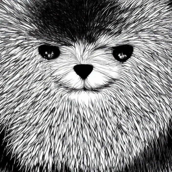 Image similar to a still frame from comic strip girl white fluffy hairy fur face, symmetrical, skin is made of white fluffy hairs, eyes made of snowflakes, close up 1 9 9 0, new yorker illustration, monochrome contrast bw, lineart, manga