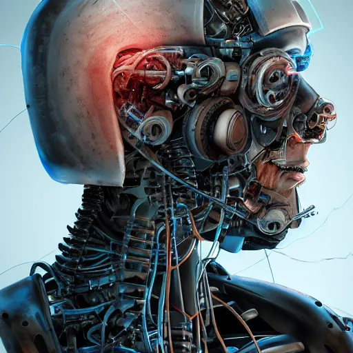 Prompt: Male cyborg, battle-damaged, scarred, wearing facemask, youthful face, bored expression, blue eyes, sterile background, head in profile, sci-fi, bio-mechanical, wires, cables, gadgets, Digital art, detailed, anime, artist Katsuhiro Otomo