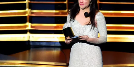 Image similar to an actress giving academy awards acceptance speech in the spotlight on the stage