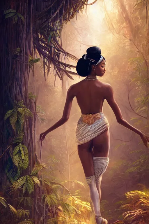 Image similar to stunningly beautiful, nubian geisha prima ballerina in jungle, symmetrical face, golden hour, smooth, focus, highly detailed, hyper realistic, dramatic lighting, elegant, intricate, concept art, art by wlop, mars ravelo, greg rutowski, artstation