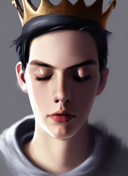 Image similar to portrait of teenage jughead jones wearing a light grey crown, photorealistic, crown, eyes closed, crown, black hair, intricate, elegant, glowing lights, highly detailed, digital painting, artstation, concept art, smooth, sharp focus, illustration, art by wlop, mars ravelo and greg rutkowski