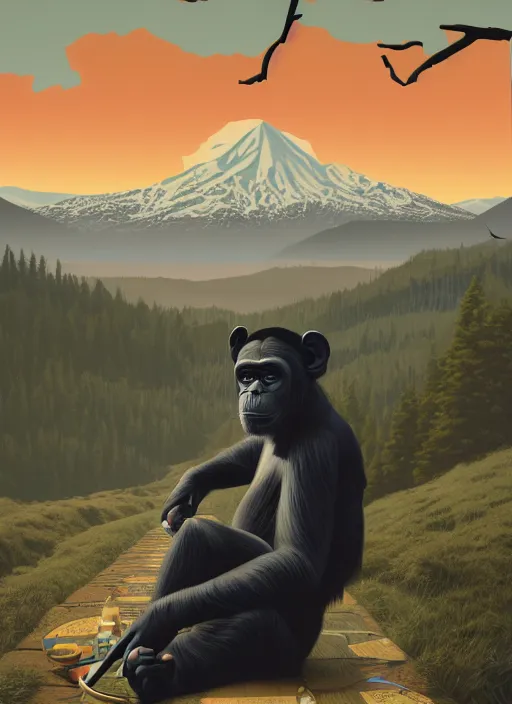 Image similar to Twin Peaks movie poster artwork by Michael Whelan and Tomer Hanuka, Rendering of a chimpanzee in a lap coat, small rural town in background, from a scene from Twin Peaks, clean, full of detail, Matte painting, trending on artstation and unreal engine