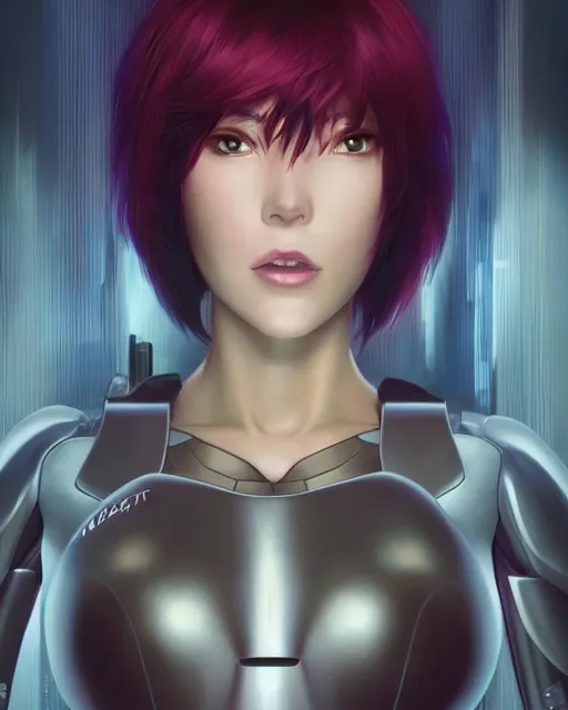 Image similar to weta disney pixar movie still portrait photo of motoko kusanagi ghost in the shell : : as cyborg woman by pixar : : by weta, wlop, ilya kuvshinov, rossdraws, artgerm, marvel, maxim cover, latex, octane render, sweaty, iridescent, bright morning, anime, liosh, mucha : :