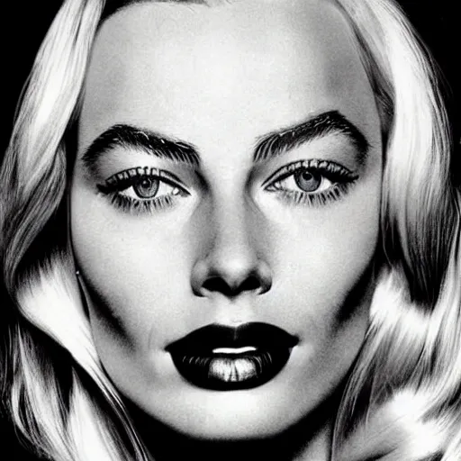 Image similar to beautiful portrait of margot robbie, detailed face, by andy warhol, symetry!!
