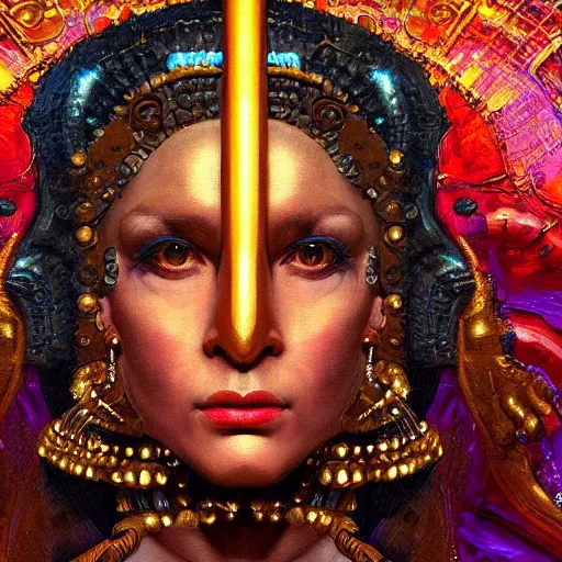 Prompt: baroque neoclassicist close - up renaissance portrait of a primitive art deco android priestess, glowing eyes. reflective detailed textures, highly detailed fantasy science fiction painting by moebius, norman rockwell and frank frazetta and syd mead. elaborate geometric ornament, rich colors, high contrast. artstation