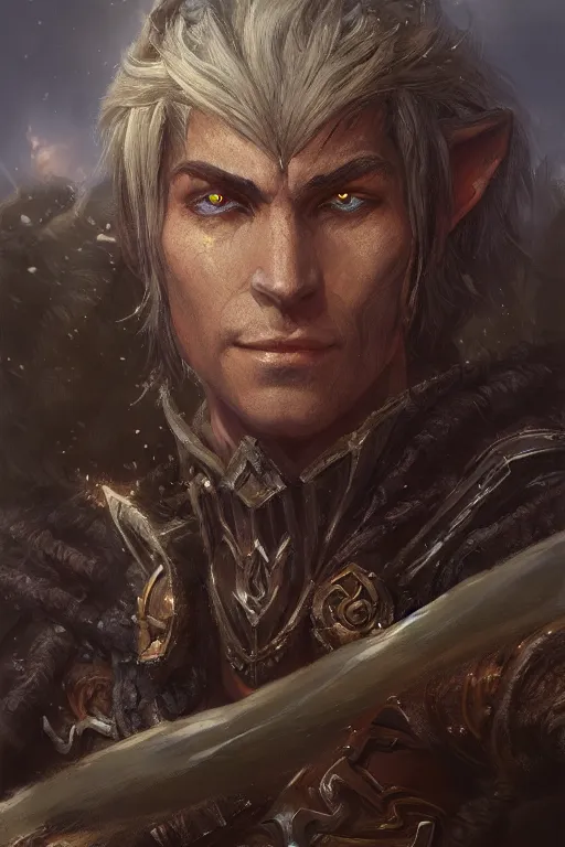 Image similar to a detailed portrait of an elf warrior dressed with a rugged armor, by justin gerard and greg rutkowski, digital art, realistic painting, dnd, character design, trending on artstation