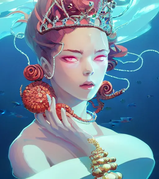 Image similar to portrait of a beautiful queen of the ocean with coral jewelry in complex and shiny dress made by jellyfish, by ross tran and atey ghailan, by greg rutkowski, by greg tocchini, by james gilleard, by joe fenton, by kaethe butcher, dynamic lighting, grunge aesthetic