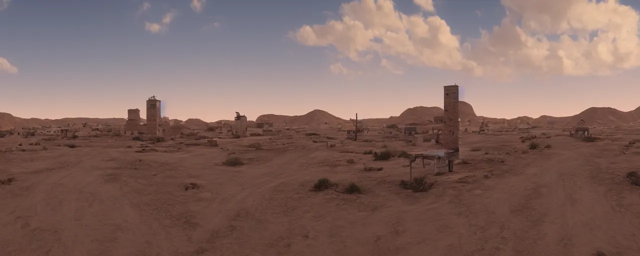 Prompt: A lonely town on the edge of the desert, highly detailed, 4k, cinematic lighting