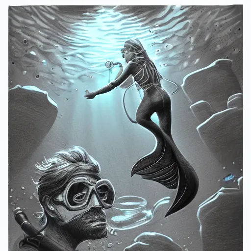 Image similar to old drawing of a scuba diver swimming with a beautiful mermaid underwater, under water scenery, dramatic lighting, intense, epic, hyperrealistic drawing, greg rutzowitzky, artstation