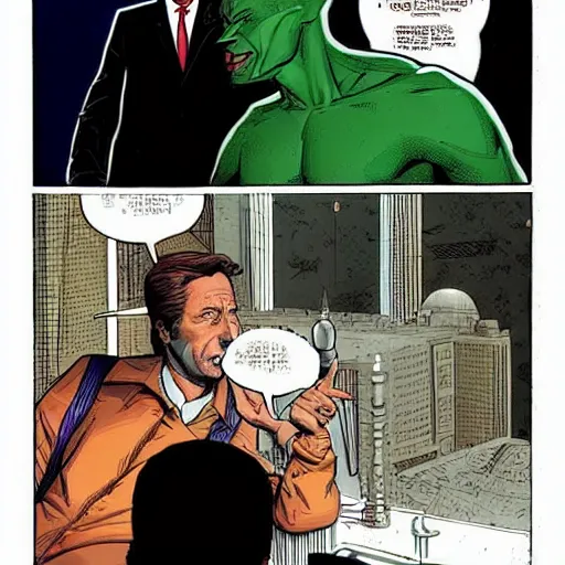 Prompt: fox mulder talking to martian manhunter, intricate, beautiful, highly detailed, elegant, artstation, concept art, smooth and sharp focus, by art adams geoff darrow adi granov, - n 4