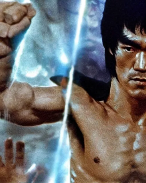 Prompt: bruce lee as kenshiro in live action fist of northstar movie, a bright glow surrounds his body, particle effects, hyperreal, post apocalyptic, mutants, martial arts, cinematic