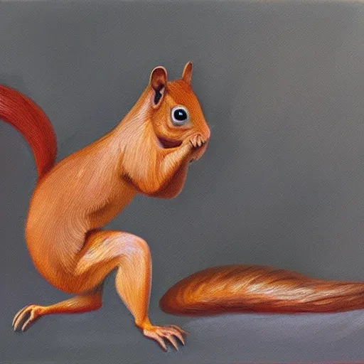 Image similar to oil painting of a muscular squirrel ripping its shirt off, 8 k, high quality