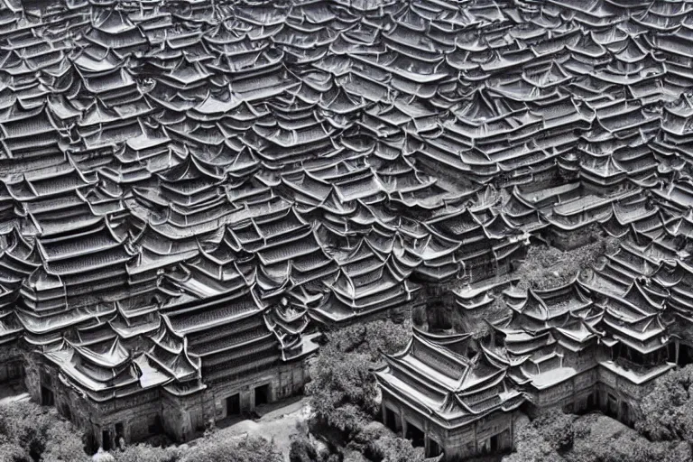 Image similar to the black and white palace buildings in the wei, jin and northern and southern dynasties in ancient china, the hard and strong buildings, the neat and dense buildings, the cool colors, the bird's - eye view, the panorama, left right symmetry, cg original.