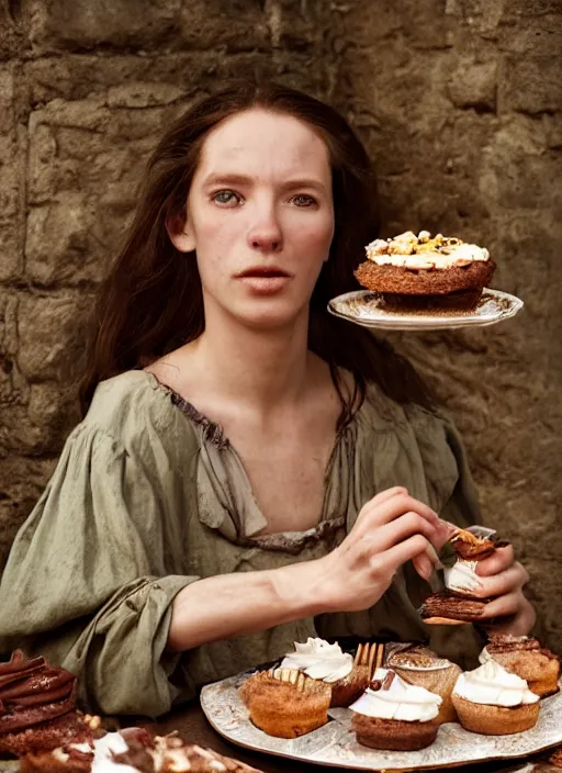 Image similar to closeup portrait of a medieval goblin eating cakes in the cloisters, depth of field, zeiss lens, detailed, symmetrical, centered, fashion photoshoot, by annie leibovitz and steve mccurry, david lazar, jimmy nelsson, breathtaking, 8 k resolution, extremely detailed, beautiful, establishing shot, artistic, hyperrealistic, beautiful face, octane render