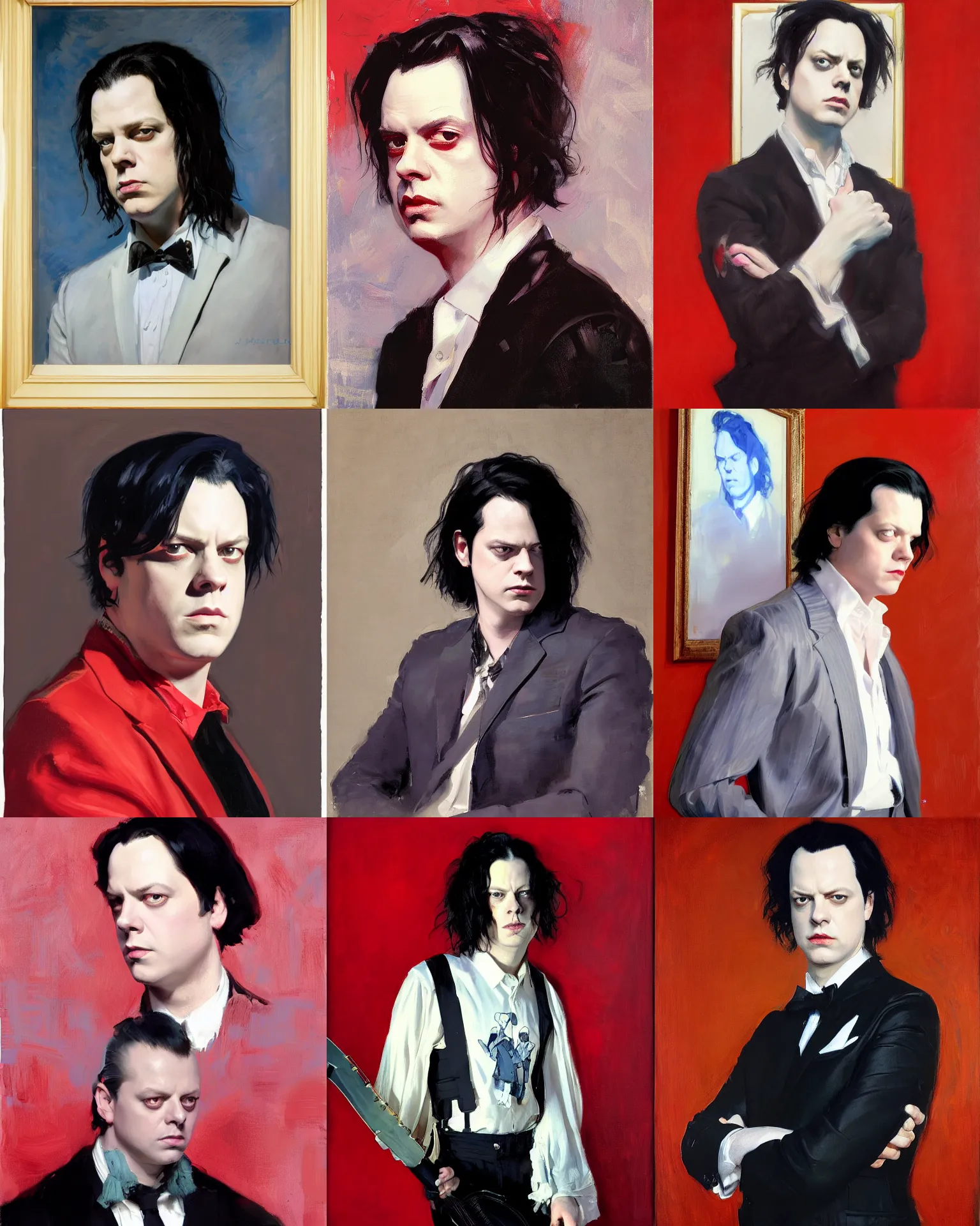 Prompt: jack white of the white stripes, headshot portrait painting by john singer sargent, donato giancola, mead schaeffer, studio ghibli, fashion photography, red background