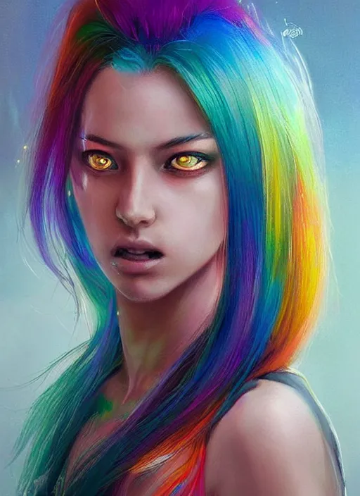 Prompt: a young woman with beautiful rainbow hair. she looks very angry. beautiful painting by artgerm and greg rutkowski