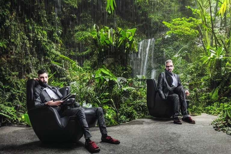 Image similar to young man with a grey beard in a cyberpunk suit sitting on a futuristic chair at the edge of a jungle waterfall