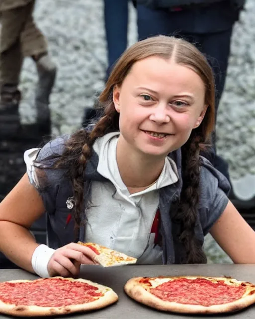 Image similar to film still close - up shot of greta thunberg giving a speech in a train station eating pizza, smiling, the sun is shining. newspapers falling from sky photographic, photography