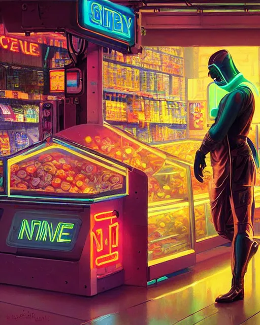 Image similar to cyberpunk man shopping at a neon soaked grocery store, science fiction painting, elegant intricate digital painting artstation, art by coby whitmore and gil elvgren, detailed