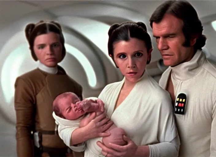 Prompt: screenshot of Princess Leia Organa holding a one newborn baby in a swaddle with Han Solo standing next to her, iconic scene from 1970s film directed by Stanley Kubrick, in a sci fi nursing home architecture, 4k HD sharp, cinematic lighting still frame, photoreal, detailed face, moody lighting, stunning cinematography, anamorphic lenses, kodak color film stock