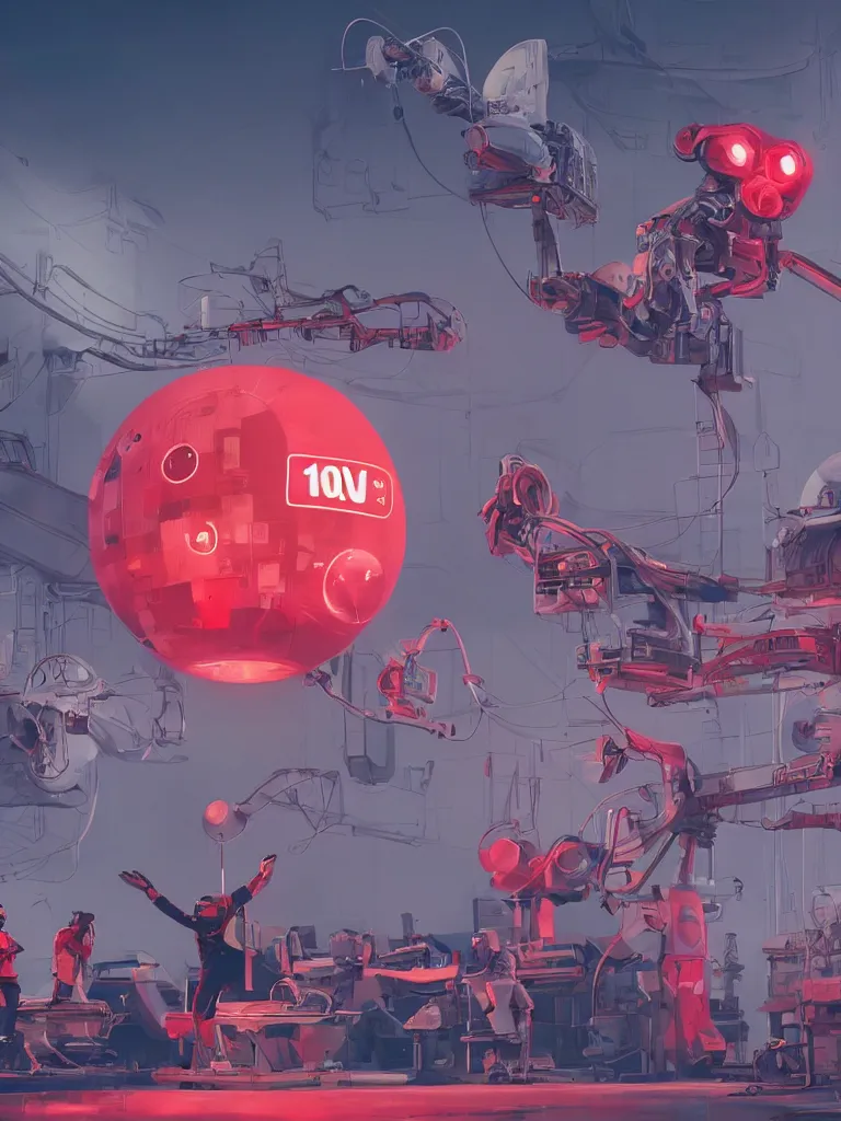 Prompt: graphic art of dystopian futuristic 1 0 mechanic surgeons in space suits, operate on a huge mickeymouse!! severedhead!!!! held by a crane. ominous glowing red netflix!!! sign in the background, trending on art station, beeple!!, clean concept art, smooth, octane render