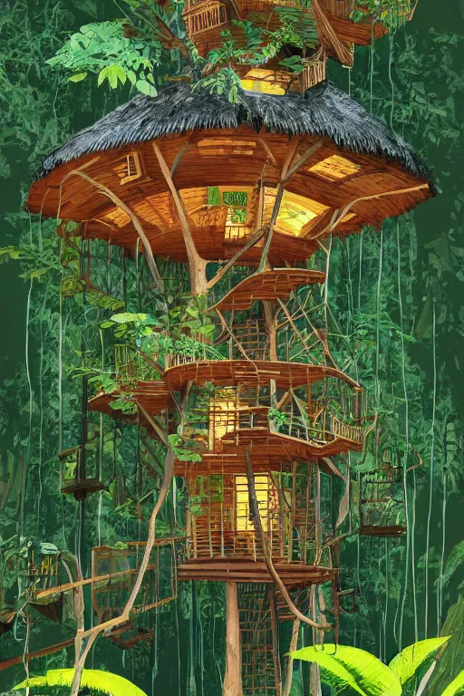 Image similar to tree house in the rainforest, swings, garden, by alba ballesta gonzalez. 4 k wallpaper, digital flat 2 d, comic book cover, illustration, cinematic lighting.