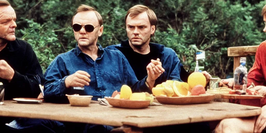 Image similar to photo of anthony hopkins and jeffrey dahmer sitting at a picnic table eating delicious fruit, hd