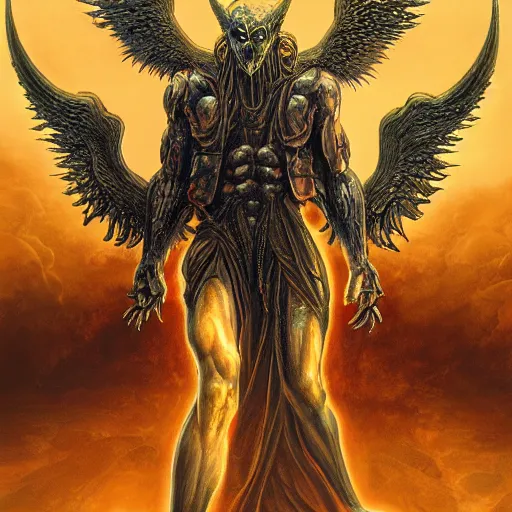 Image similar to photorealistic biblically accurate demonic alien archangel the style of michael whelan and gustave dore. hyperdetailed photorealism, 1 0 8 megapixels, amazing depth, glowing rich colors, powerful imagery, psychedelic overtones, 3 d finalrender, 3 d shading, cinematic lighting, artstation concept art