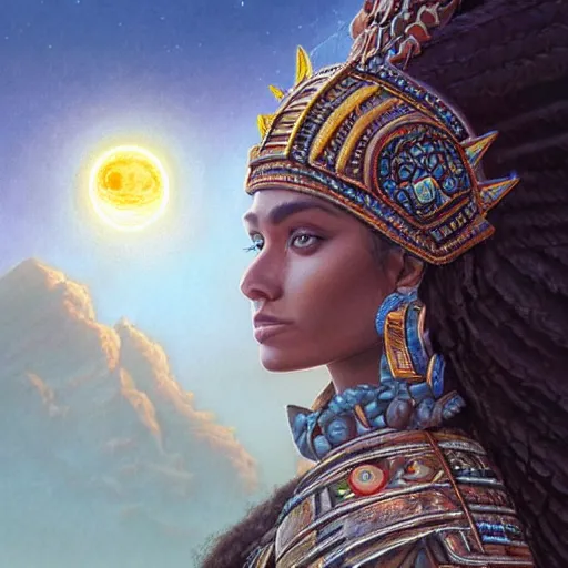 Image similar to highly detailed portrait of a brown aztec princess. step pyramid. eclipse. science fiction, highly detailed, digital painting, beautiful eyes, symmetry, concept art, sharp focus, digital illustration, global illumination, radiant light, synthwave! colors, detailed and intricate environment, art by artgerm and greg rutkowski and magali villeneuve and ilya kuvshinov!