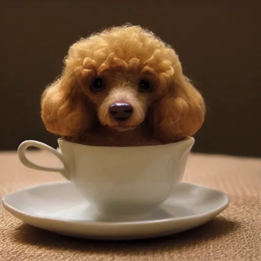 Image similar to very realistic cute poodle sitting inside a tea cup