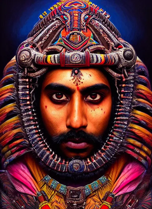 Image similar to portrait of suraj sharma, hyper detailed ultra sharp aztec shaman warrior. trending on artstation, warpaint aesthetic, bloodwave, colorful, psychedelic, ornate, intricate, digital painting, concept art, smooth, sharp focus, illustration, art by artgerm and greg rutkowski and h. r. giger, 8 k