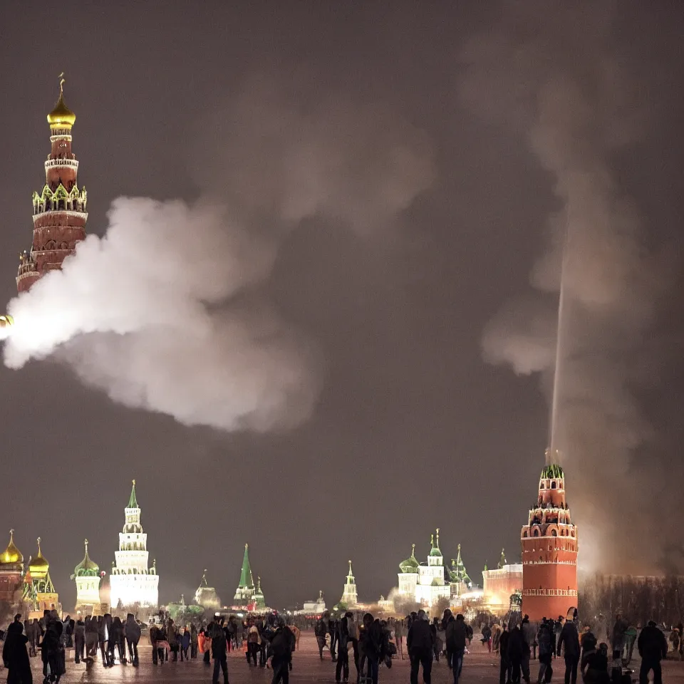 Image similar to Moscow Kremlin is on fire, dark atmosphere, lots of fire, clubs of smoke. Photography.