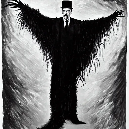 Image similar to vincent price as billionaire howard hughes in long black feathered cloak, black hands tipped with black claws, feathers growing out of skin, being abusive and angry, vivid, mike mignogna, illustration, dynamic and dramatic, highly detailed, rough paper, dark, oil painting