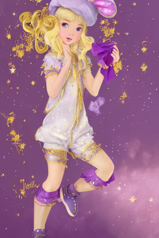 Prompt: Full View fairy maiden with short blond hair wearing an oversized purple Beret, Baggy Purple overall shorts, Short Puffy pants made of silk, silk shoes, a big billowy scarf, Golden Ribbon, and white leggings Covered in stars. covered in embroidery. Short Hair. peasant magic. masterpiece 4k digital illustration by Ruan Jia and Mandy Jurgens and Artgerm and william-adolphe bouguereau, award winning, Artstation, art nouveau aesthetic, Alphonse Mucha background, intricate details, realistic, panoramic view, Hyperdetailed, 8k resolution, intricate art nouveau