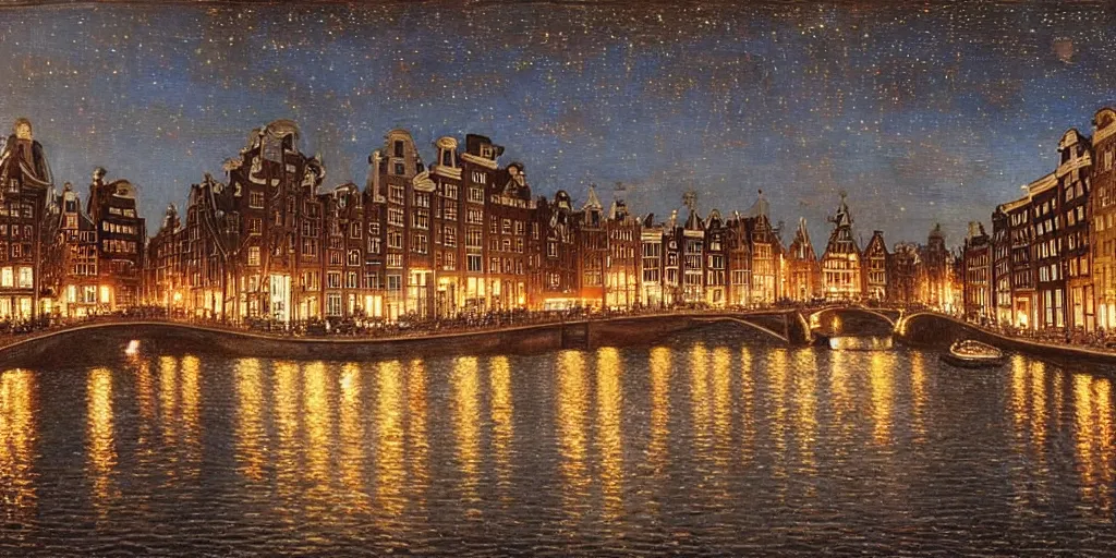 Image similar to view from the amstel river in amsterdam at night, sky full of stars, art by ippolito caffi, very beautiful, intricate, highly detailed, romantic painting