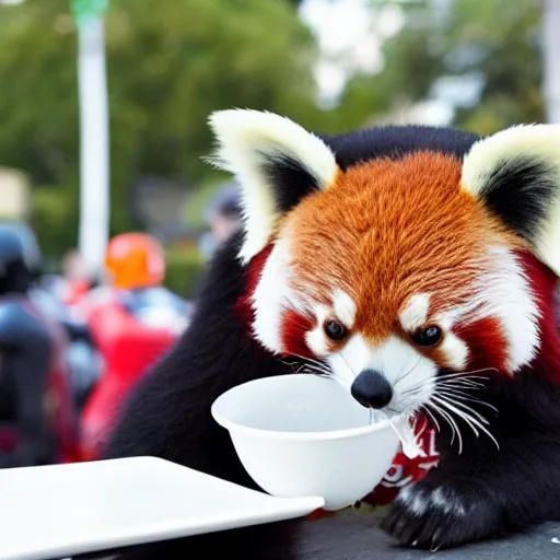 Image similar to a red panda wearing a Darth Vader helmet eating french fries