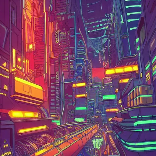 Prompt: astronaut cyberpunk surreal upside down city neon lights moebius