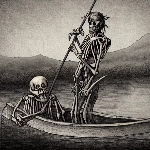 Prompt: the ferryman ( skeleton ) steering a raft on the river styx, errie setting, water full of souls, dark background, torch on a pole burning to light to the way from the boat, high quality, 8 k