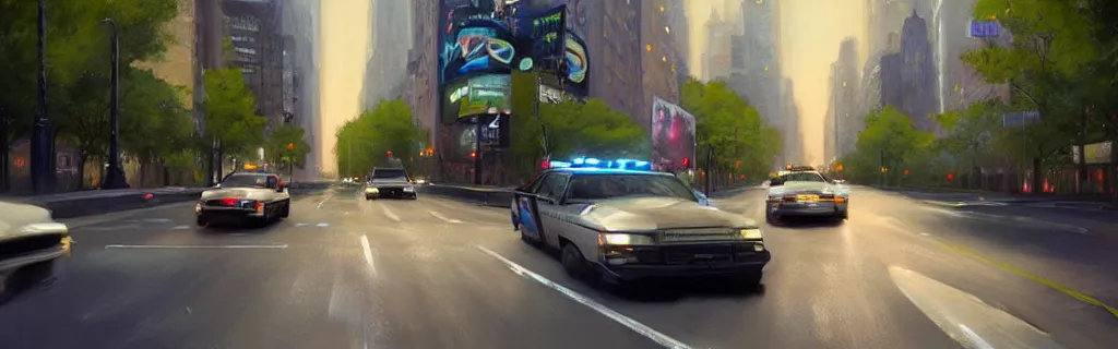 Prompt: a police car speeding down a new york road with sirens on. epic cinematic hyperrealism masterpiece. realistic poster with shaded lighting by craig mallismo, artgerm, jeremy lipkin and michael garmash, unreal engine, radiant light, detailed and complex environment, digital art, art station trends, detailed faces, detailed eyes, lens flare, motion blur, night