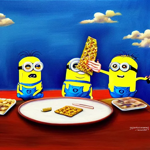 Image similar to painting of minions eating matzah, colorful background, trending on artstation