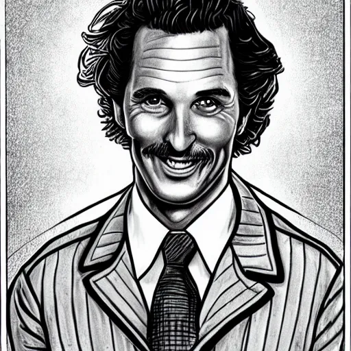 Image similar to a portrait drawing of Mathew McConaughey drawn by Robert Crumb